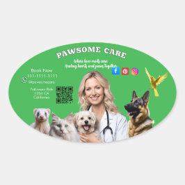 Adesivo Oval Green White Pet Store Sign Dogs, Cats, Birds Vet 