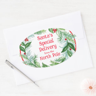 Adesivo Oval Guirlanda de Natal em Aquarela Papai Noel Polo Nor