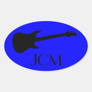 Adesivo Oval Guitarra Elétrica Preta Monogram Moderna em Azul