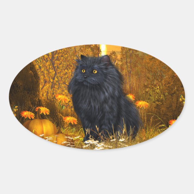 Adesivo Oval Halloween de gato persa negro (Frente)