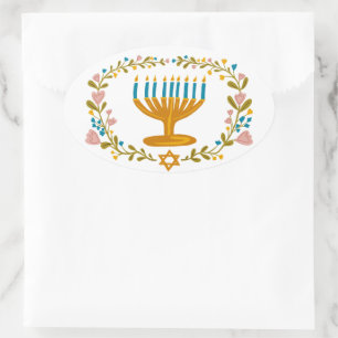 Adesivo Oval HANUKKAH Menorah floral Wreath Jewish Holiday