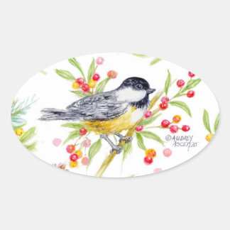 Adesivo Oval Holiday Chickadee Berry Branch Greeting Card