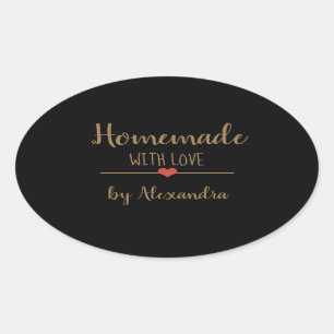 Adesivo Oval Homemade com amor, preto e ouro