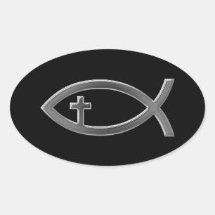 Adesivo Oval Ichthus - Christian Fish Symbol with Crucifix