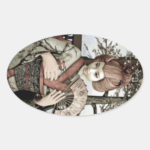 Adesivo Oval Ilustração de Leque de Kimono de Geisha Vintage