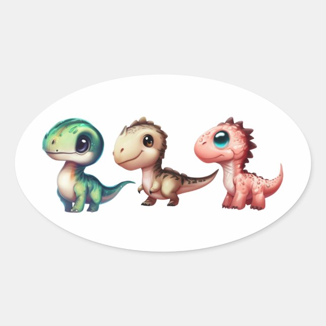 Adesivo Oval Ilustração dos Dinossauros Bebês (Frente)