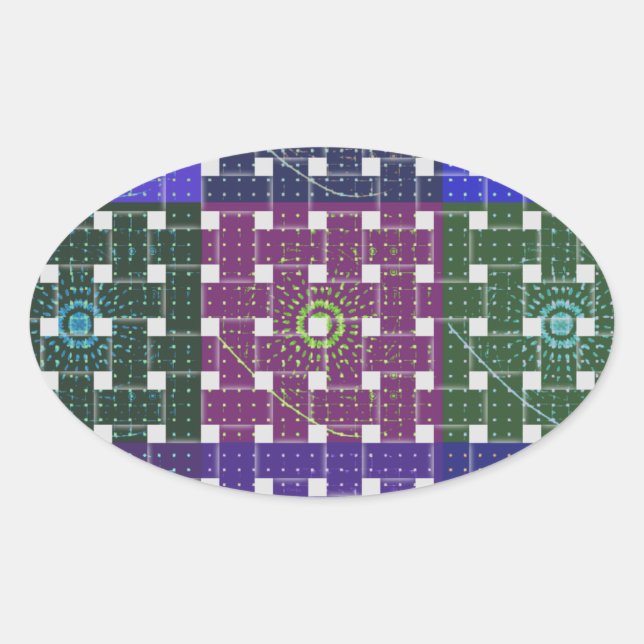 Adesivo Oval Impressão de Arte Azul e Roxo Verificado (Frente)