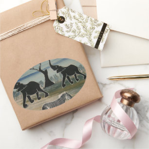 Adesivo Oval Impressão de Arte de Elefante Africano