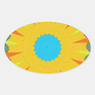 Adesivo Oval Impressão de Arte de Mandala Ciano e Dourado