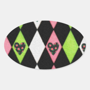 Adesivo Oval Impressão de Harlequin Colorida com Corações Rosa