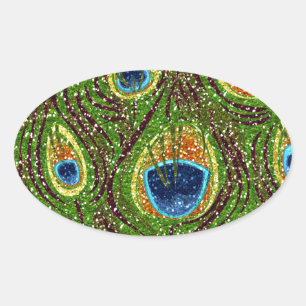 Adesivo Oval Impressão de Penas de Pavão Coloridas
