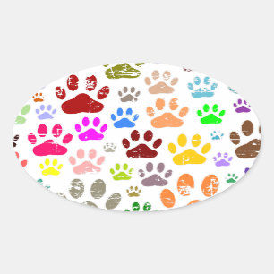 Adesivo Oval Impressões coloridas de pata de cachorro