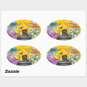 ADESIVO OVAL IRMÃS DE BRUXAS, GATO NEGRO E TRASEIRO