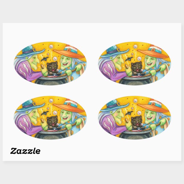 ADESIVO OVAL IRMÃS DE BRUXAS, GATO NEGRO E TRASEIRO (Folha)