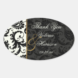 Adesivo Oval Ivory, Dourado e Black Damask Obrigado Sticker