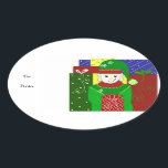 Adesivo Oval Jolly Christmas Elf<br><div class="desc">Um elfo fofo ou conhecido como auxiliar de papais noeis. Vestido com um terno verde brilhante e chapéu. Um grande grupo de presentes festivamente embrulhados ao seu redor. Personalizar conforme desejado.</div>