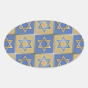 Adesivo Oval Judaica Star De David Metal Dourado Azul