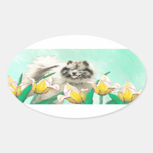 Adesivo Oval Keeshond em Tulips pintando lindas artes caninas o
