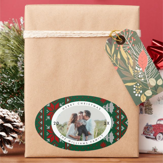 Adesivo Oval Knitted Sweater Pattern Photo (Feriado)