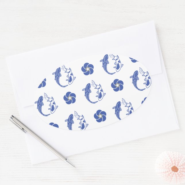 Adesivo Oval Koi Blossom Crest: Serene Blue Edition (Envelope)