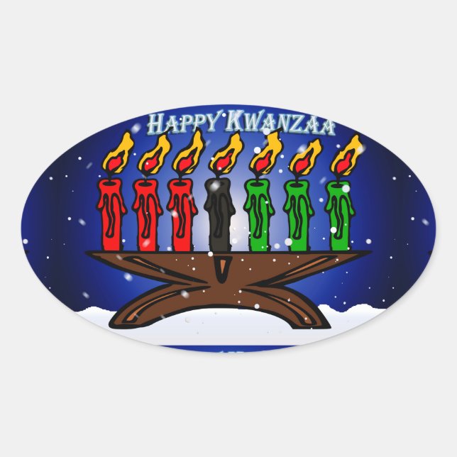 Adesivo Oval Kwanzaa Candle Kinara com Neve e Saudação (Frente)