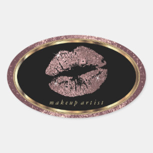Adesivo Oval Lábios brilhantes Rosa com poeira e fonte Dourada