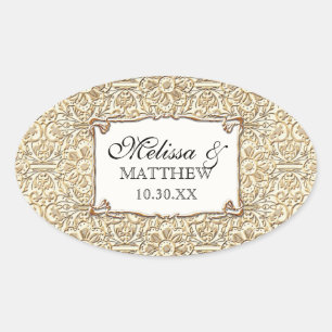 Adesivo Oval Laço floral Dourado do damasco do falso de Nouvea