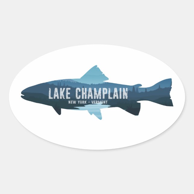 Adesivo Oval Lago Champlain Nova York Vermont Peixe (Frente)