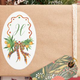 Adesivo Oval Laranjas Aquarelas Xadrez Arco Monograma de Natal