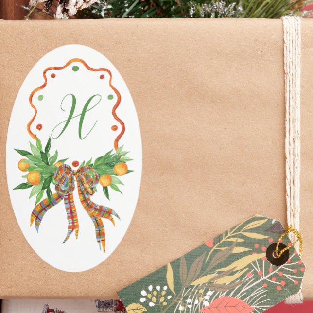 Adesivo Oval Laranjas Aquarelas Xadrez Arco Monograma de Natal (Criador carregado)