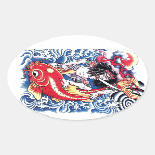 Adesivo Oval Legal tatuagem vermelha Samurai Koi Carp japonesa