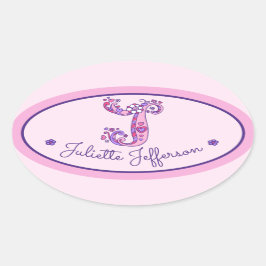 Adesivo Oval Letra J monograma com moças personalizadas nome ad