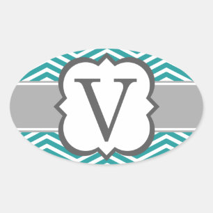 Adesivo Oval Letra Teal Branco Monograma V Chevron