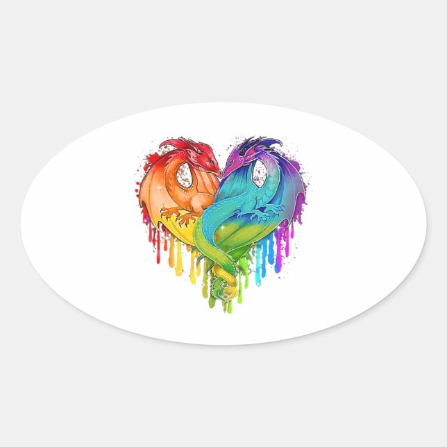 Adesivo Oval Lgbt Dragon Heart Rainbow Heart Dragon Lgbt Pride (Frente)