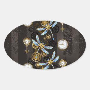 Adesivo Oval Libélulas Steampunk em fundo listrado marrom