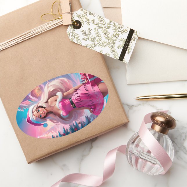 Adesivo Oval Linda garota de Natal rosa 01 (Presentear)