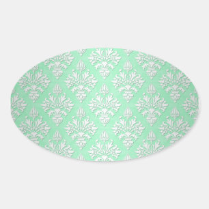 Adesivo Oval Lindo padrão floral damasco verde menta e branco