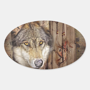 Adesivo Oval Lobo ideal ocidental do indiano do nativo