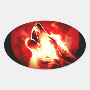 Adesivo Oval Lobo, Lua e Céu Vermelho