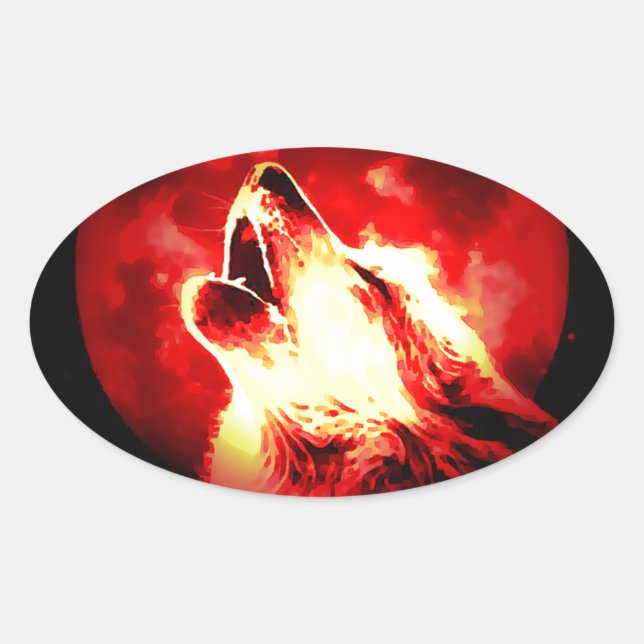 Adesivo Oval Lobo, Lua e Céu Vermelho (Frente)
