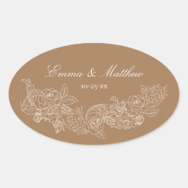 Adesivo Oval Logotipo de Casamento Castanho Dourado Clássico Or
