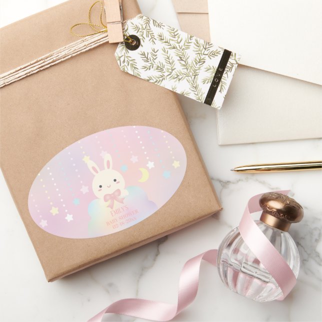 Adesivo Oval Lua rosa e estrelas Chá de fraldas de garotinha (Presentear)