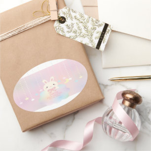 Adesivo Oval Lua rosa e estrelas Chá de fraldas de garotinha