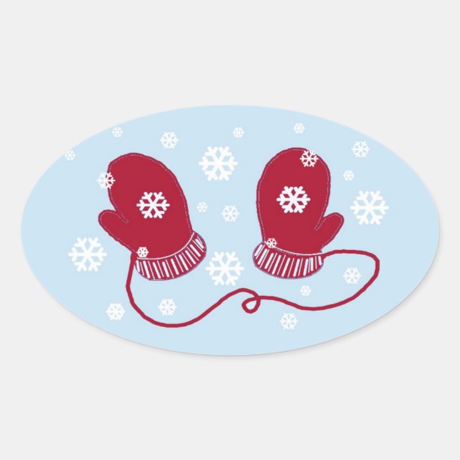Adesivo Oval Luvas Vermelhas e Flocos de Neve (Frente)