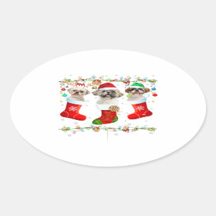 Adesivo Oval Luzes de Natal de Shih Tzu Presentes De Papoila