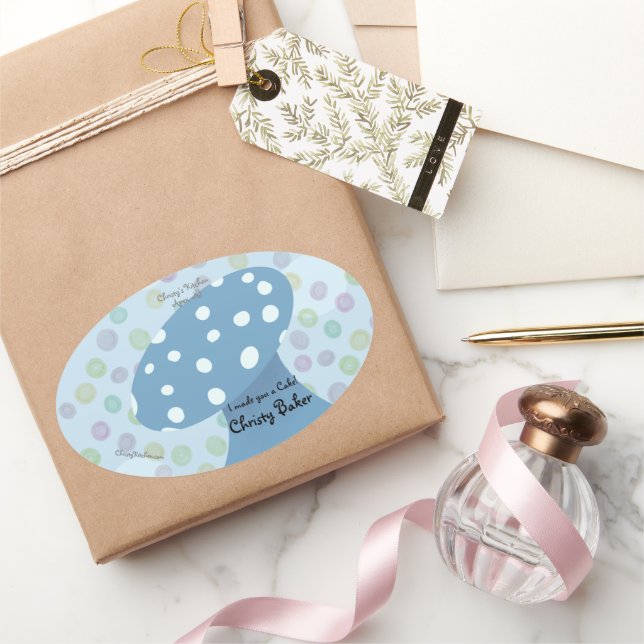 Adesivo Oval Mancha e Pontos Padaria Cogumelo Azul (Presentear)