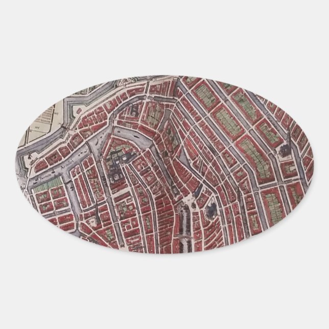 Adesivo Oval Mapa da cidade de réplica de Amsterdã 1652 (Frente)