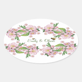 Adesivo Oval Maravilhosa árvore de maçã com flores em aquarela 