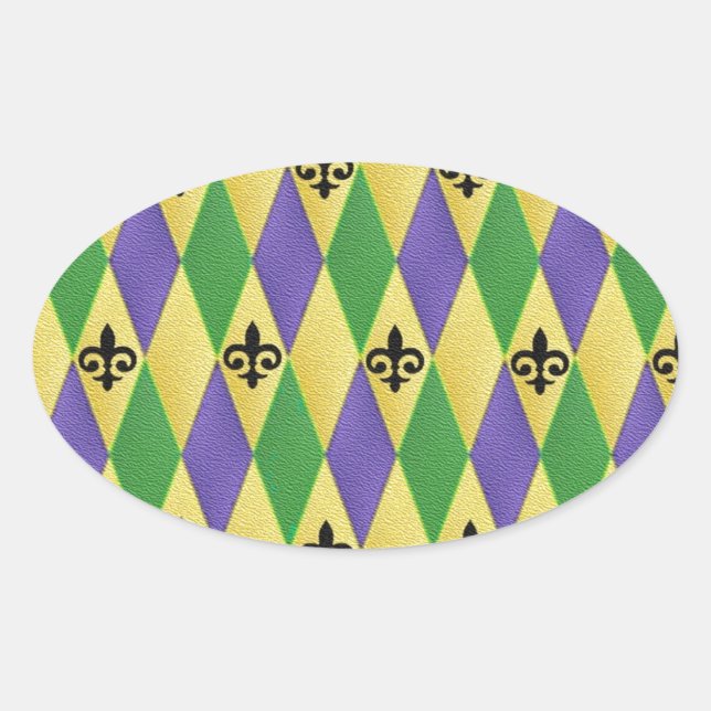 Adesivo Oval Mardi Gras Harlequin Fleur De Lis (Frente)