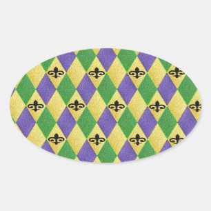 Adesivo Oval Mardi Gras Harlequin Fleur De Lis
